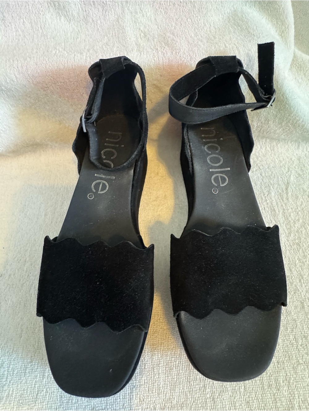 Nicole Black Scalloped Strap Ankle-Wrap Sandals
